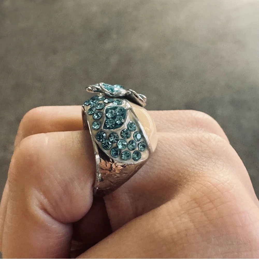 Floral Enamel Statement Ring in Cream and Teal Size 7